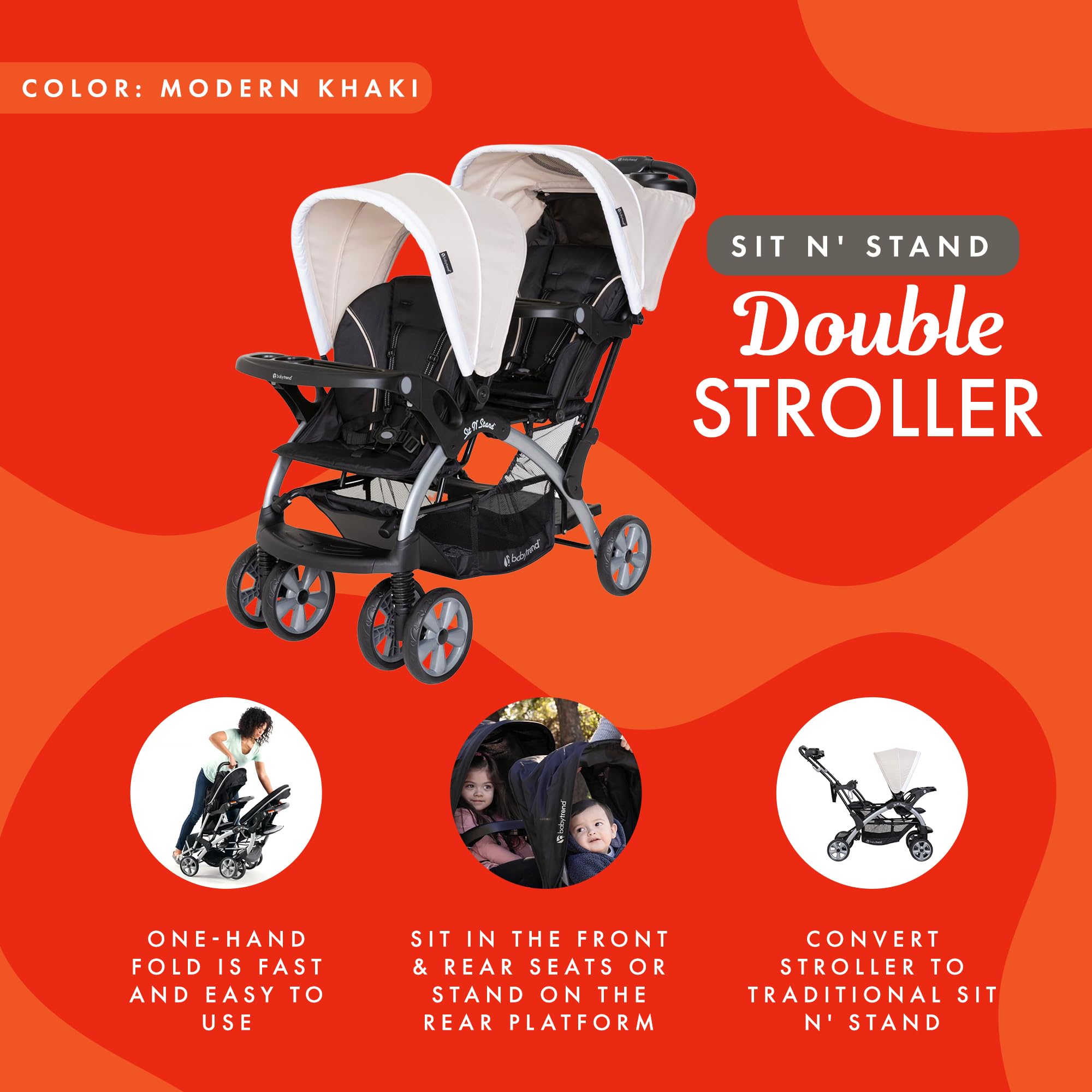 Baby Trend Double Sit N' Stand Stroller for Infant & Toddler - Lightweight Travel Stroller with 5-Point Harness & Storage Basket (Khaki) | Perfect for Twins, Siblings or Daycare Use