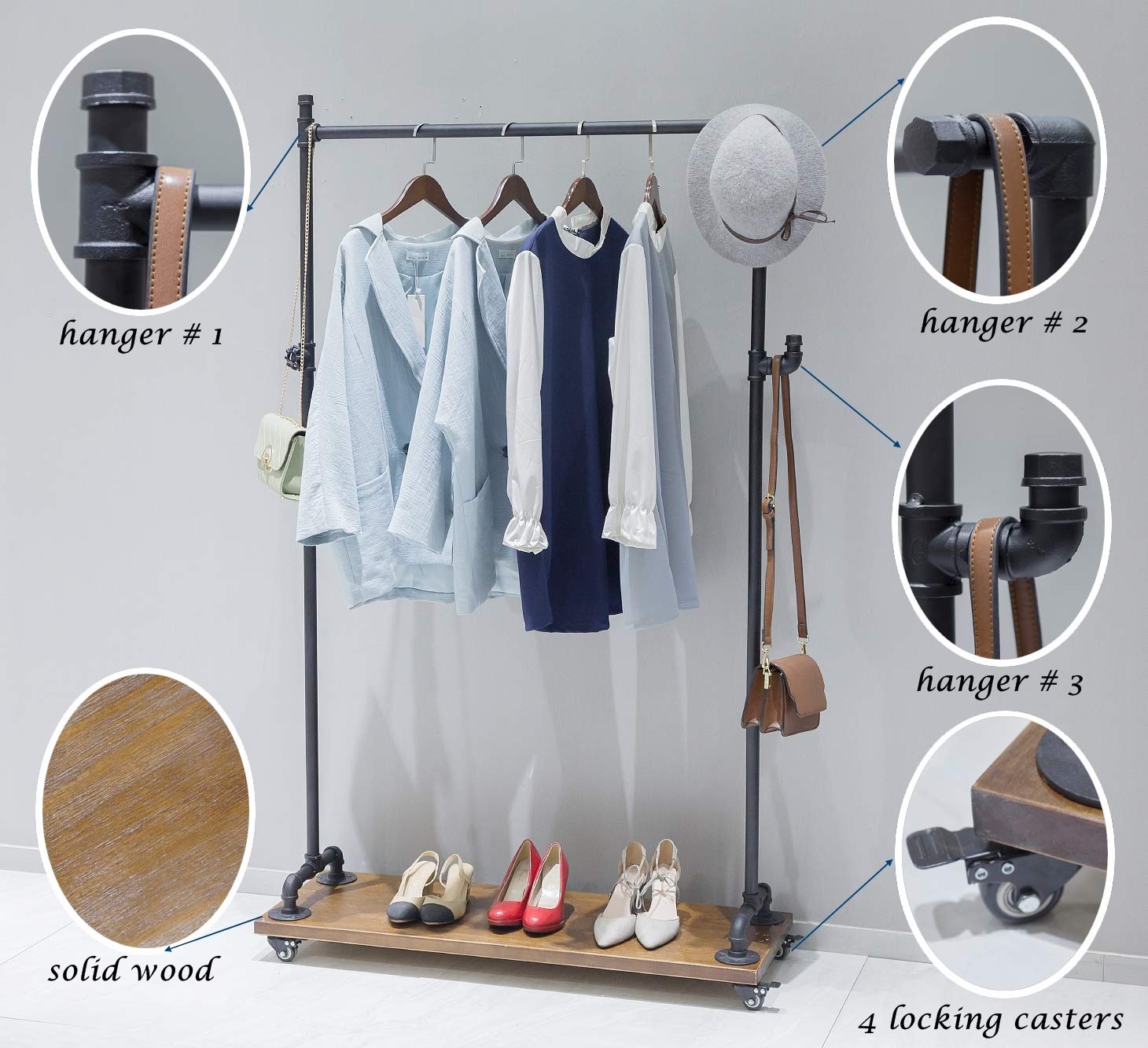 Heavy Duty Industrial Pipe Clothing Rack with Lockable Wheels, Shelves & Shoe Storage - Rolling Garment Rack for Commercial Use, Retail Stores & Home Organization - Durable One-Tier Hall Tree Clothes Rack for Hanging Coats, Dresses & Accessories