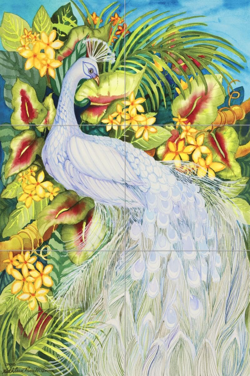 Ceramic Backsplash Tile Mural - White Peacock Design by Kathleen Parr McKenna for Kitchen & Bathroom Decor - Perfect for Farmhouse, Vintage, and Bohemian Style Homes