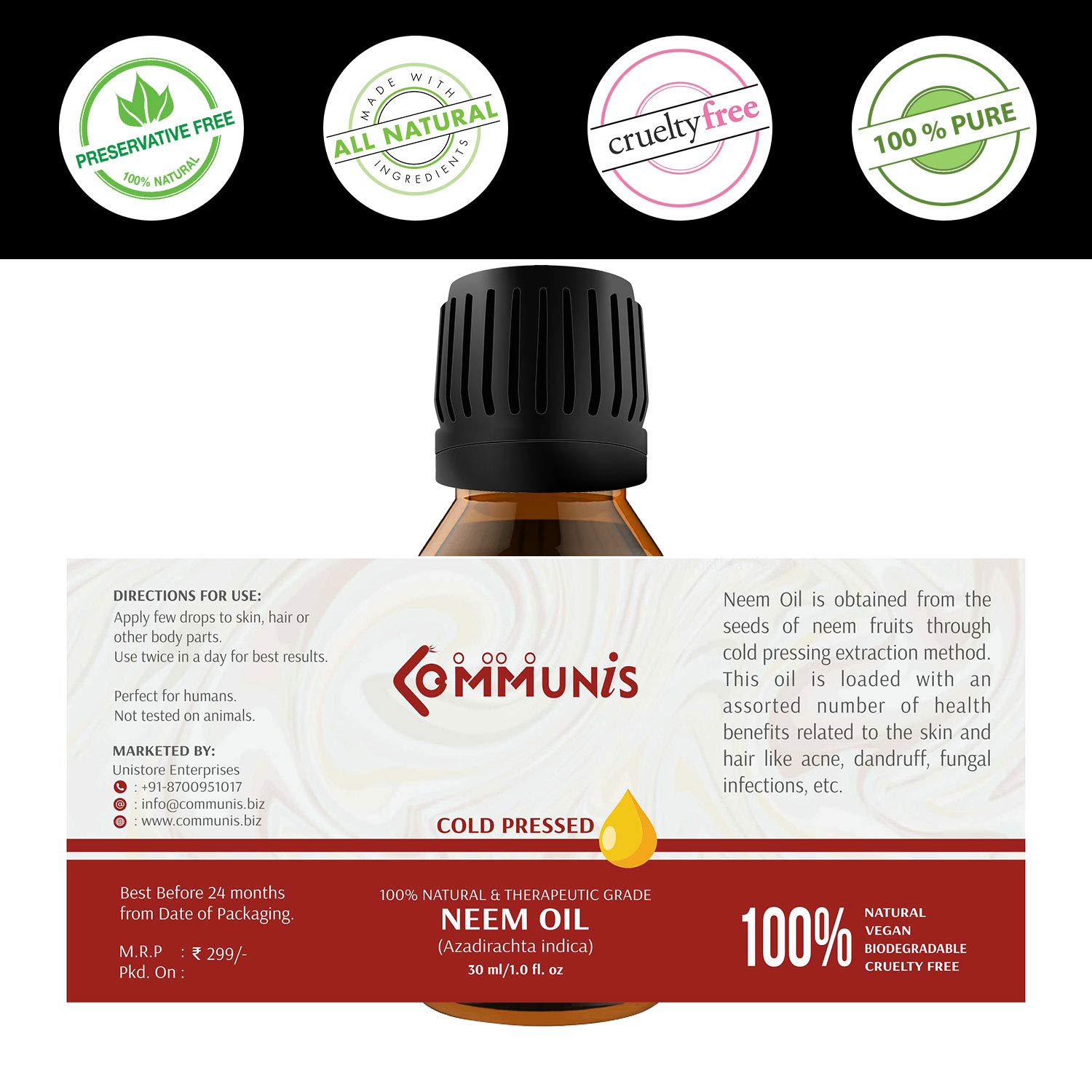 Pure Cold Pressed Neem Oil for Skin, Hair & Scalp Care - 100% Natural Therapeutic Grade Oil for Acne, Dandruff & Bug Repellent (30ml) - Perfect for DIY Beauty, Aromatherapy & Natural Pest Control