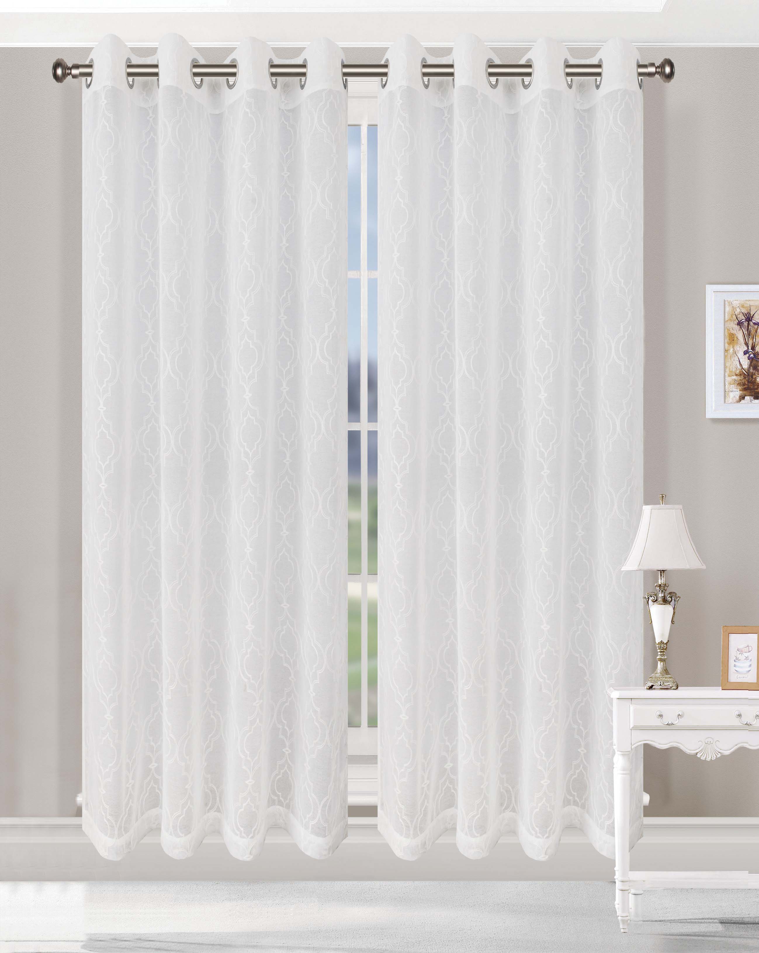 Embroidered Imperial Trellis Sheer Grommet Curtain Panel Set - Elegant Window Treatment for Living Room & Bedroom - Light Filtering & Privacy