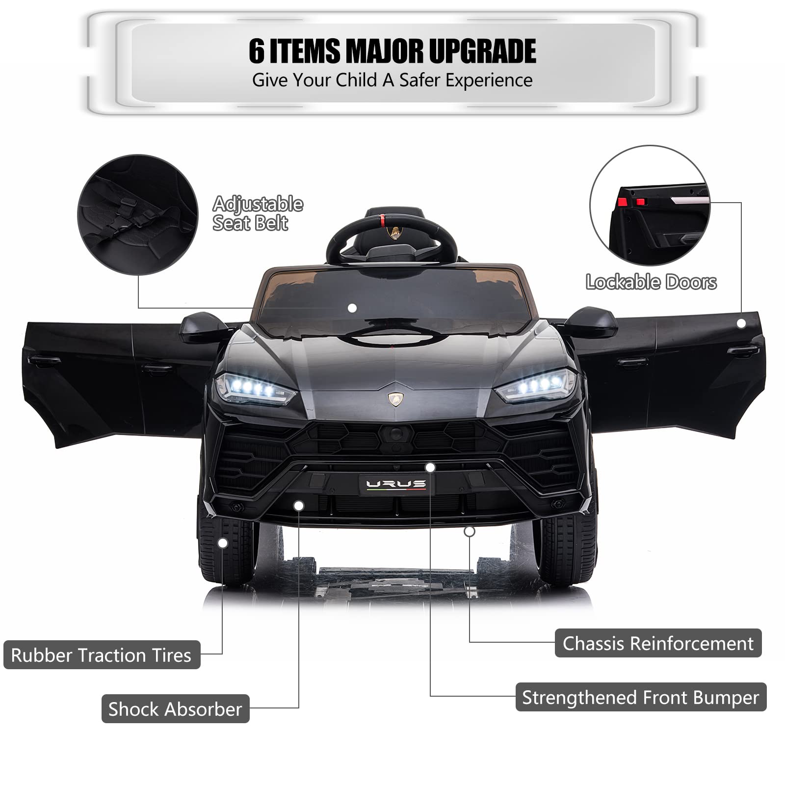 12V Licensed Lamborghini Kids Electric Ride On Car with Remote Control - AUX, Spring Suspension, LED Lights & Music - Perfect for Birthday Gifts & Outdoor Play (Black)