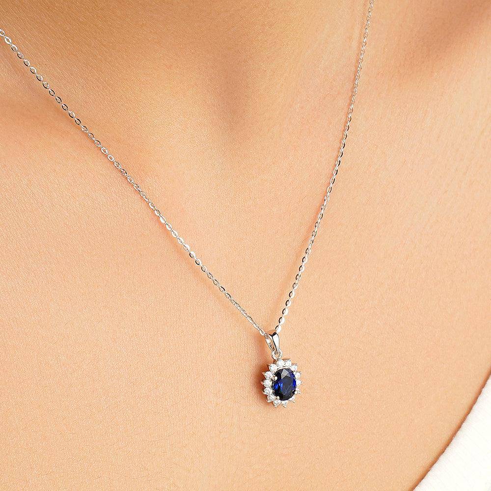 1.64 CT Floral Halo Oval Sapphire Pendant Necklace - Elegant Blue Gemstone Jewelry for Women, Perfect for Weddings, Anniversaries & Special Occasions