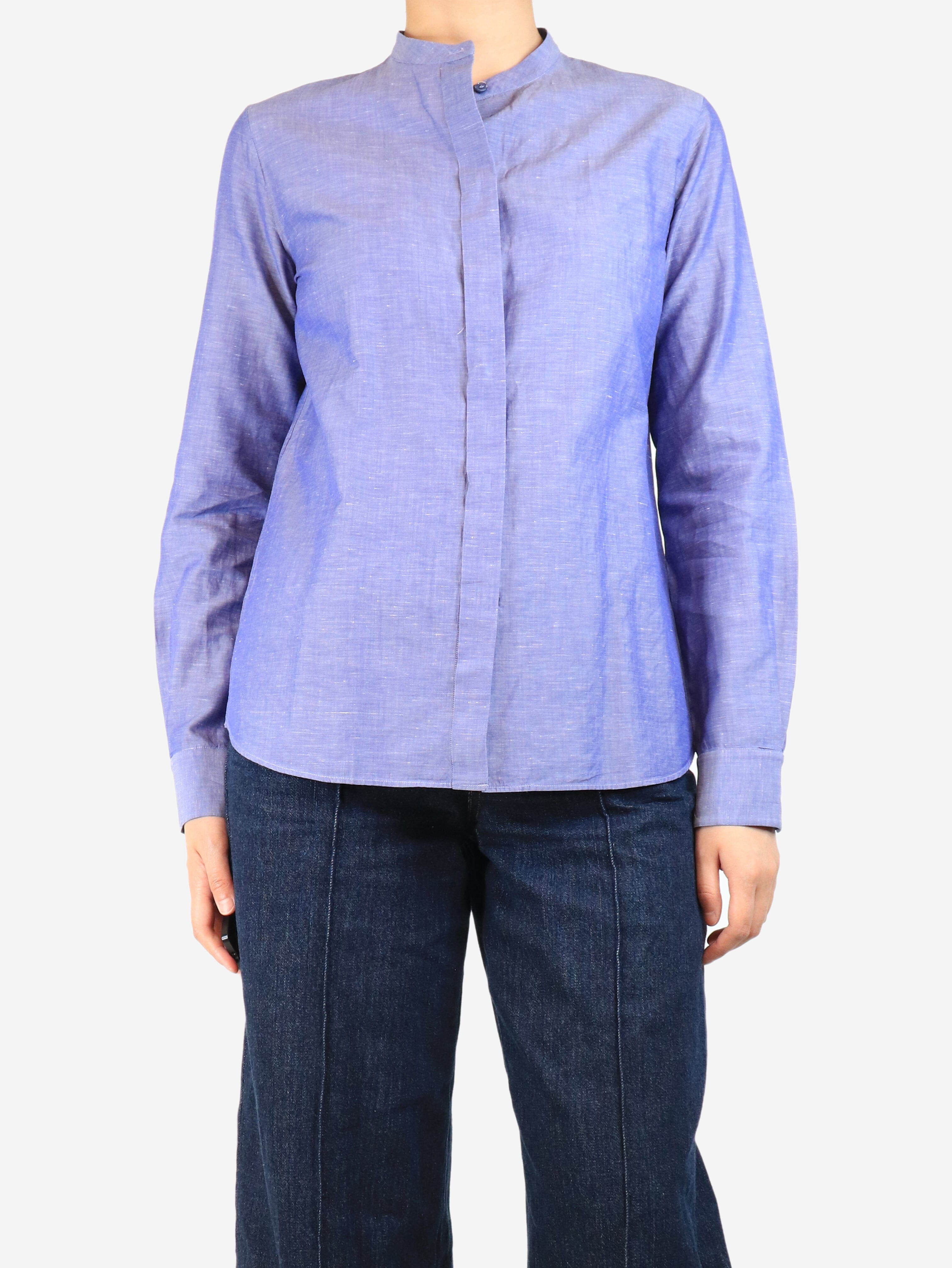 Blue Mandarin Collar Shirt for Women - UK Size 8 | Elegant Chinese Style Blouse for Casual Wear & Office Outfits
