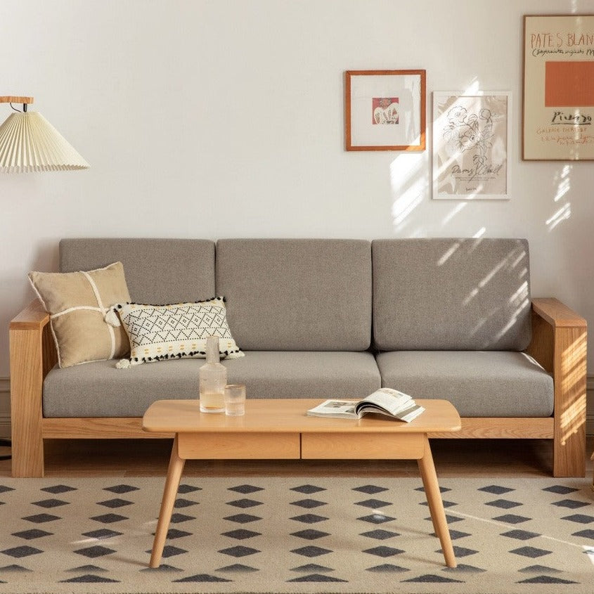 Oak Solid Wood Modern Fabric Sofa - Contemporary Living Room Furniture for Small Spaces & Apartments | Durable & Stylish Home Decor