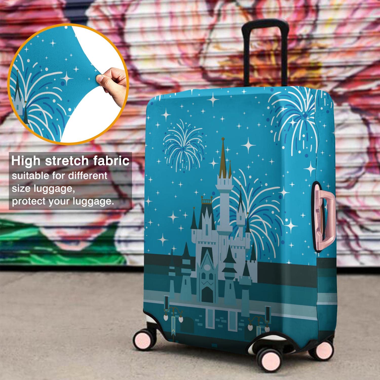 Waterproof Luggage Cover Protector for 22-24 Inch Suitcases - Durable Travel Baggage Protector with Castle Firework Design | Perfect for Air Travel, Vacation & Business Trips
