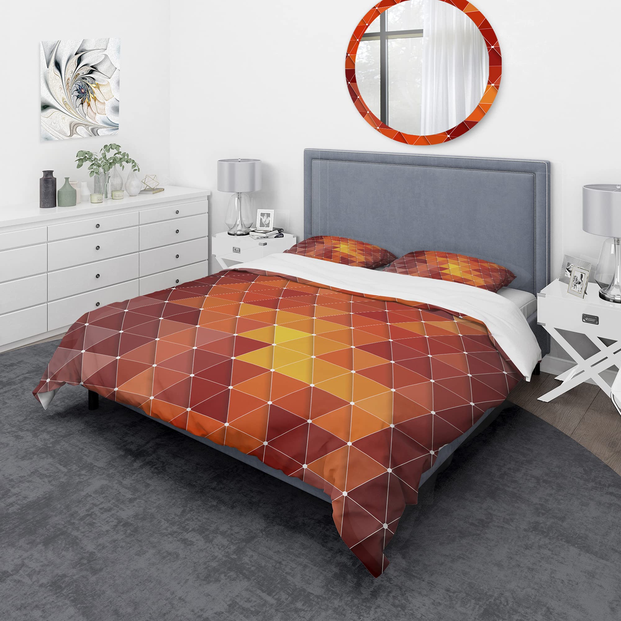 DesignQ Red & Orange Geometric Duvet Cover Set - Twin Size 3-Piece Modern Bedding, Contemporary Triangle Pattern, All-Season Comfort for Home & Guest Room Decor