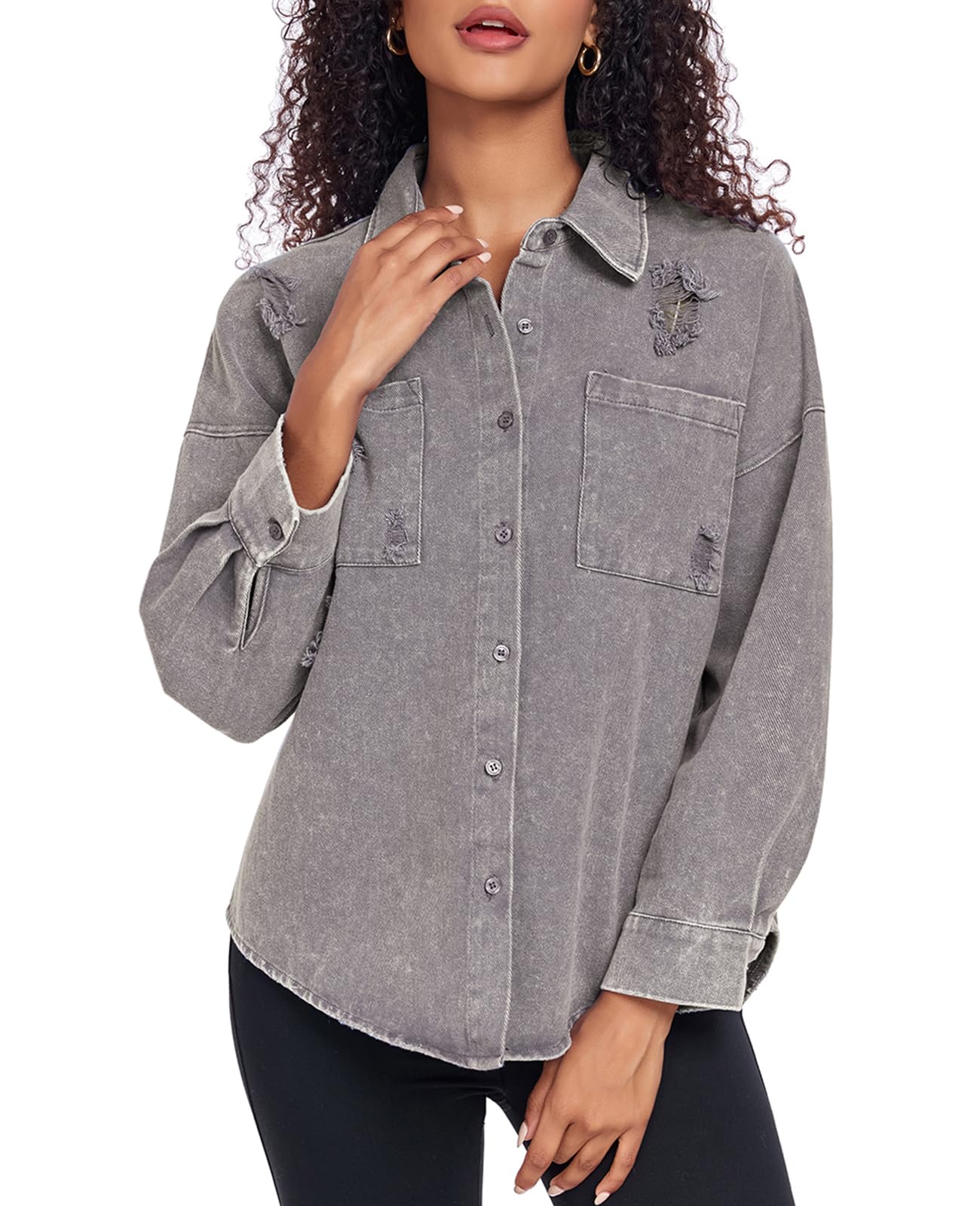 Women's Oversized Denim Jacket - Distressed Boyfriend Style Button Down Jean Coat with Pockets | Casual Outfit, Streetwear Fashion, Spring & Fall Layering Essential