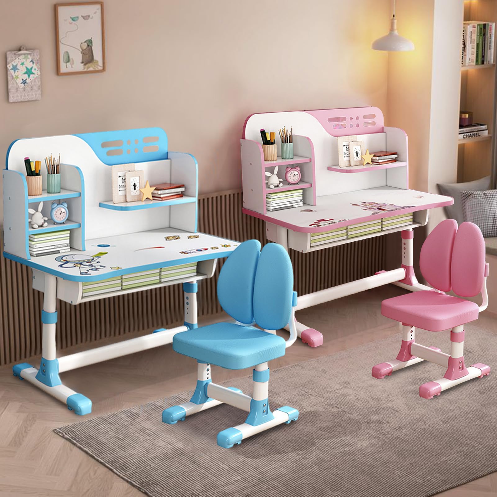 Adjustable Height Study Desk with Chair Set for Kids - Widened Desktop & Spacious Storage Drawer - Pink Learning Desk & Chair for Girls (Pink-C) - Perfect for Homeschooling, Online Classes & Bedroom Study Space