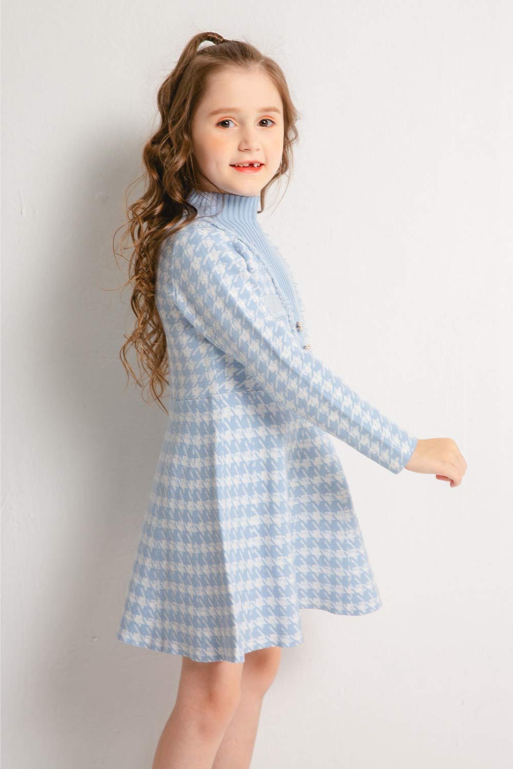 SMILING PINKER Girls Winter Knit Dress - Houndstooth Pattern Mock Neck Flare Sweater Dress for Toddlers | Warm & Stylish Outfit for Holiday Parties, Christmas Photos & School Events