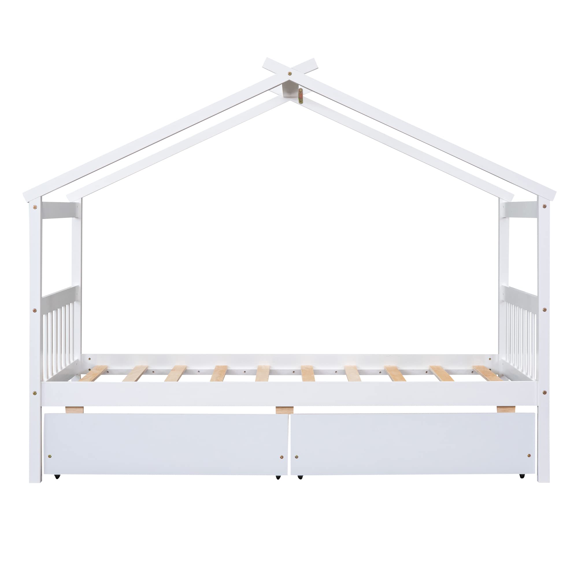 Harper & Bright Designs Twin Size Wooden House Bed Frame with Storage Drawers - Roof Design for Kids, Boys & Girls - Perfect for Bedrooms, Playrooms & Sleepovers (White)