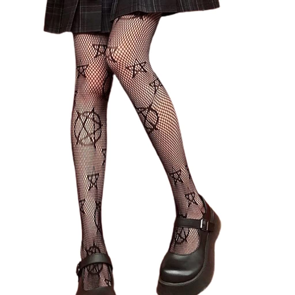 GPPZM Women's Harajuku Five-Pointed Star Mesh Fishnet Tights Stockings - Black One Size | Gothic Fashion, Cosplay, Party Outfit, Kawaii Streetwear