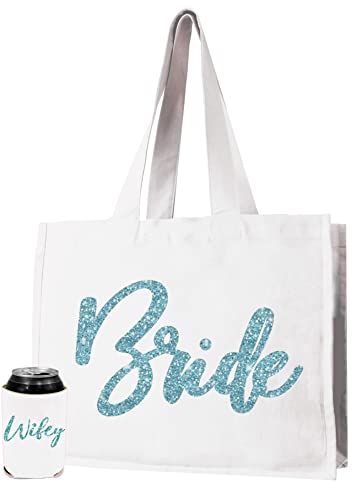 2 Piece Set - Aqua Bride (White Tote) Wifey (Can Cooler)