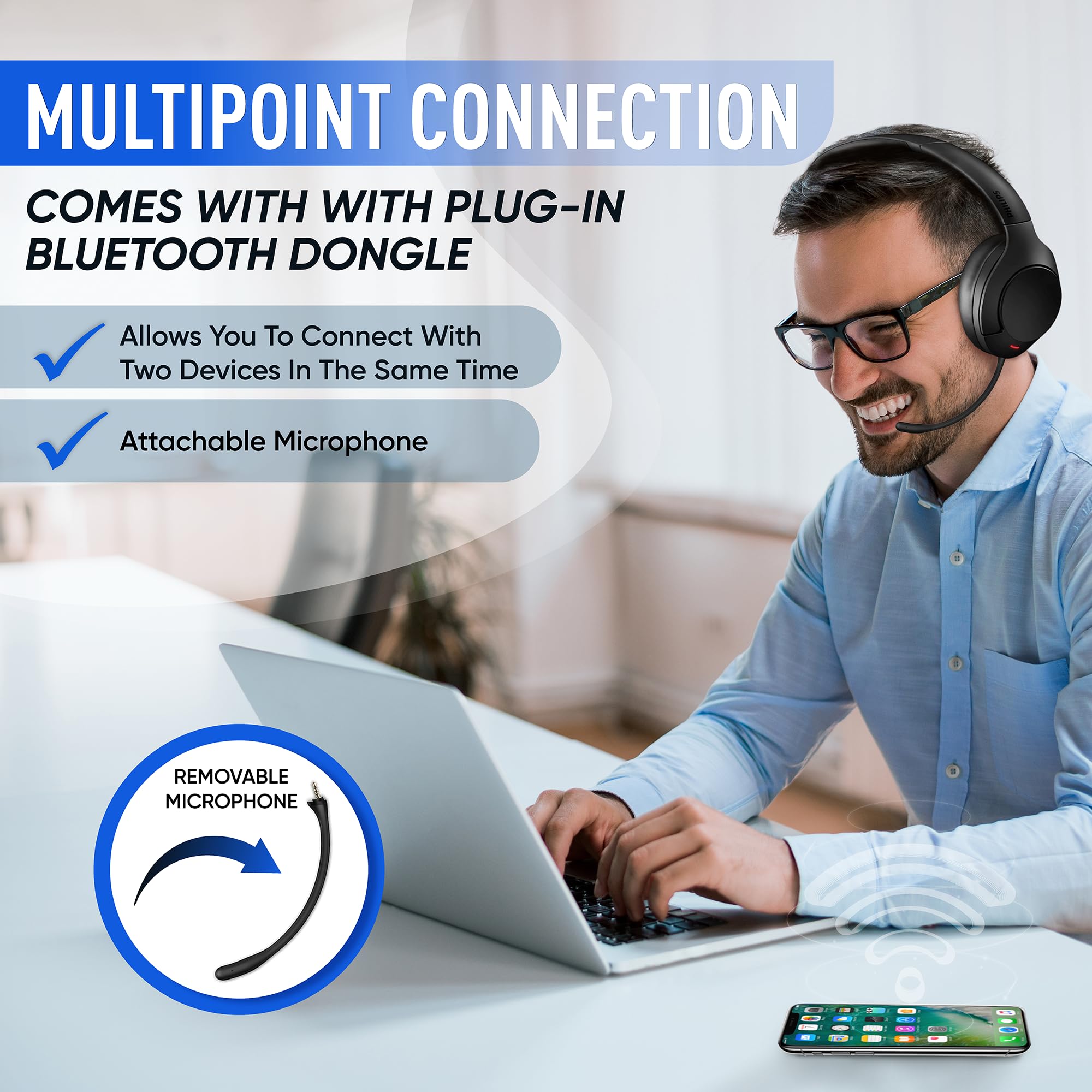 Philips Wireless Noise Cancelling Over-Ear Headphones with Bluetooth, Removable Mic & Touch Control - 55H Playtime for Travel, Work & Gaming