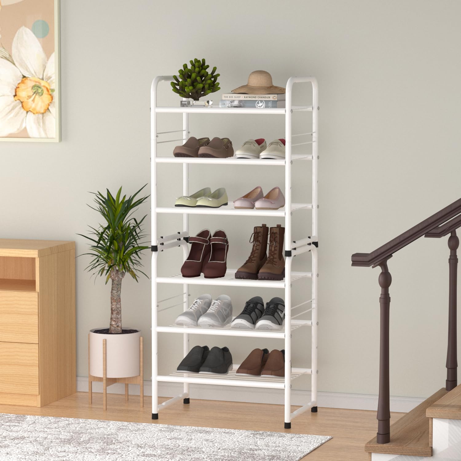 Wkokos Compact Wire Shoe Rack Shelf - 3-Tier Stackable Shoe Organizer for Closet, Entryway & Bedroom - Space Saving Heavy Duty Storage Shelves for Shoes, Boots & Accessories - White