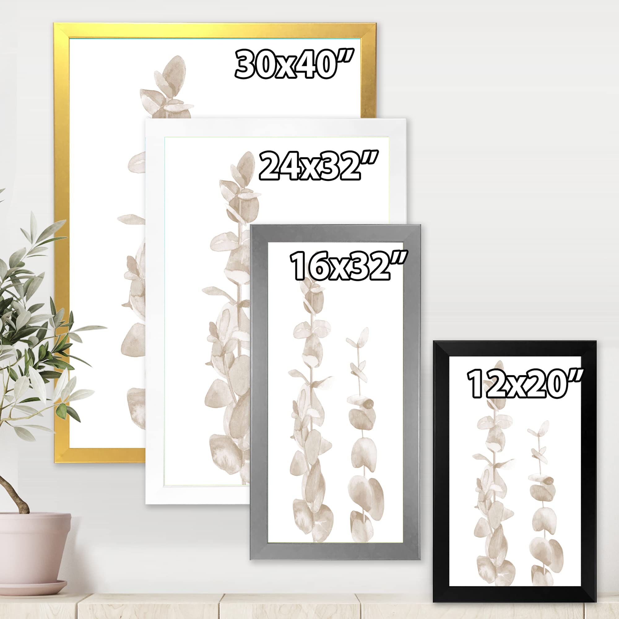 DesignQ Beige Eucalyptus Branches on White Traditional Framed Wall Art - Botanical Home Decor for Living Room, Bedroom & Office