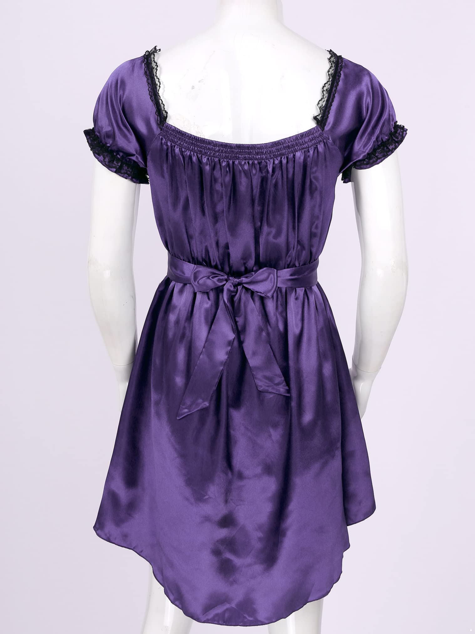 JEATHA Men's Satin Maid Nightdress - Frilly Lace Trim High-Low Hem Crossdressing Lingerie Sleepwear for Cosplay, Role Play & Special Occasions