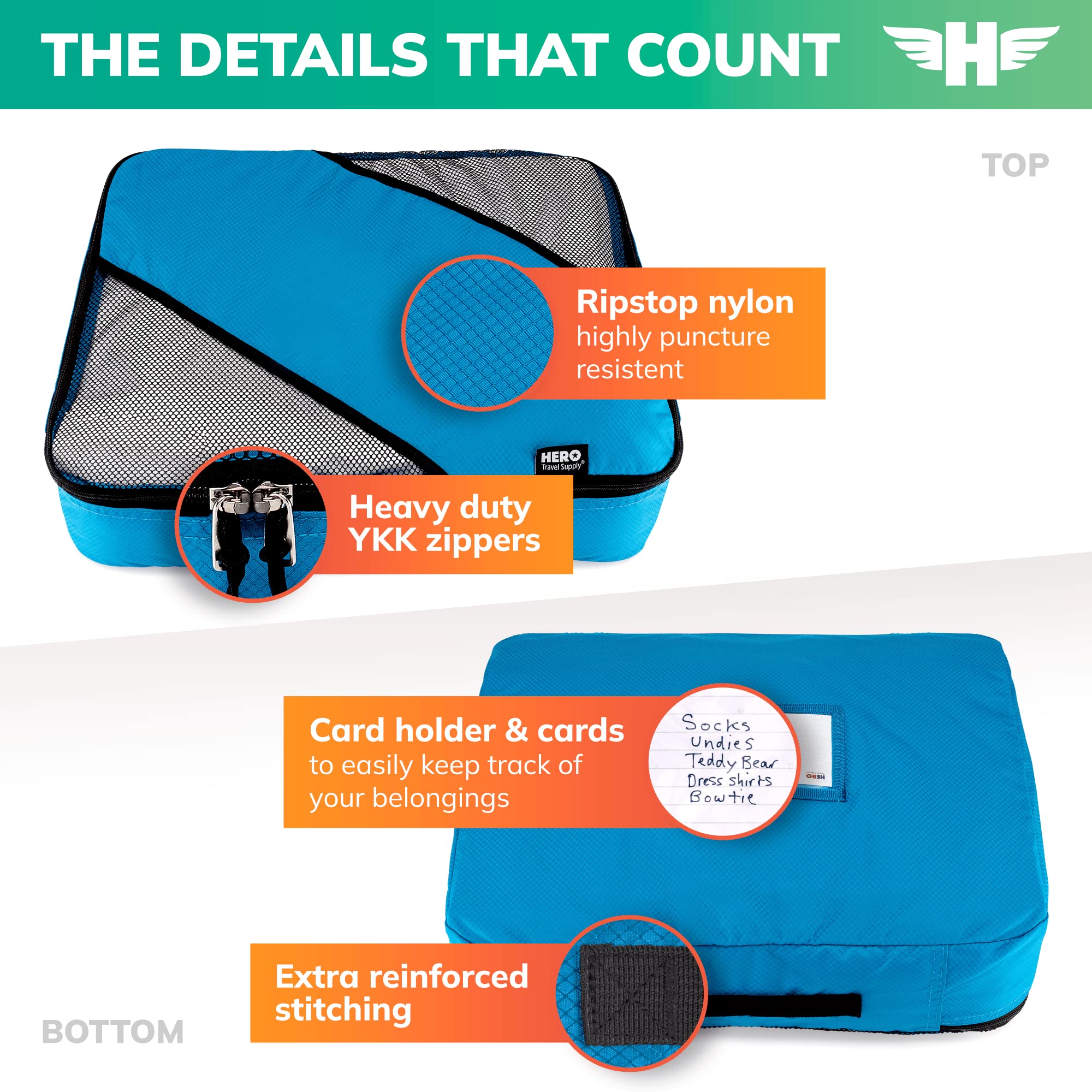HERO Packing Cubes Set of 5 - Premium Travel Luggage Organizers with 2 Laundry Bags for Suitcase Organization | Perfect for Business Trips, Vacations & Family Travel