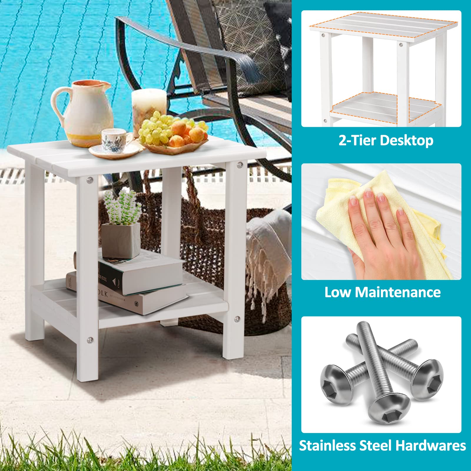 2-Tier Outdoor Side Table with Wood-Like Grain - 16.6