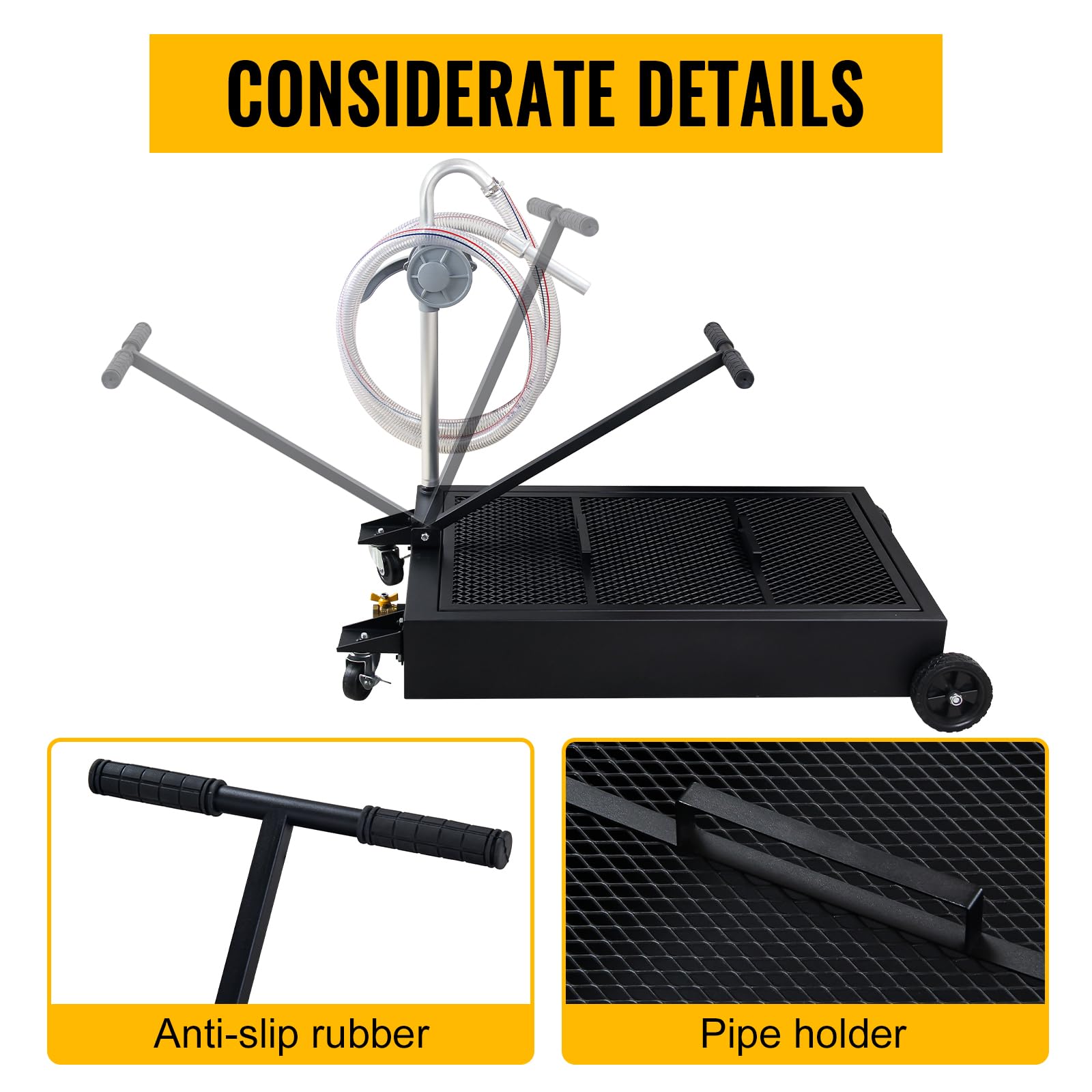 25 Gallon Low Profile Oil Drain Pan with Hand Pump, Hose & Swivel Casters - Large Capacity Oil Change Tank for Cars, SUVs, Trucks - Foldable Handle for Easy Storage - Perfect for DIY Garage Maintenance & Professional Auto Repair (Black)