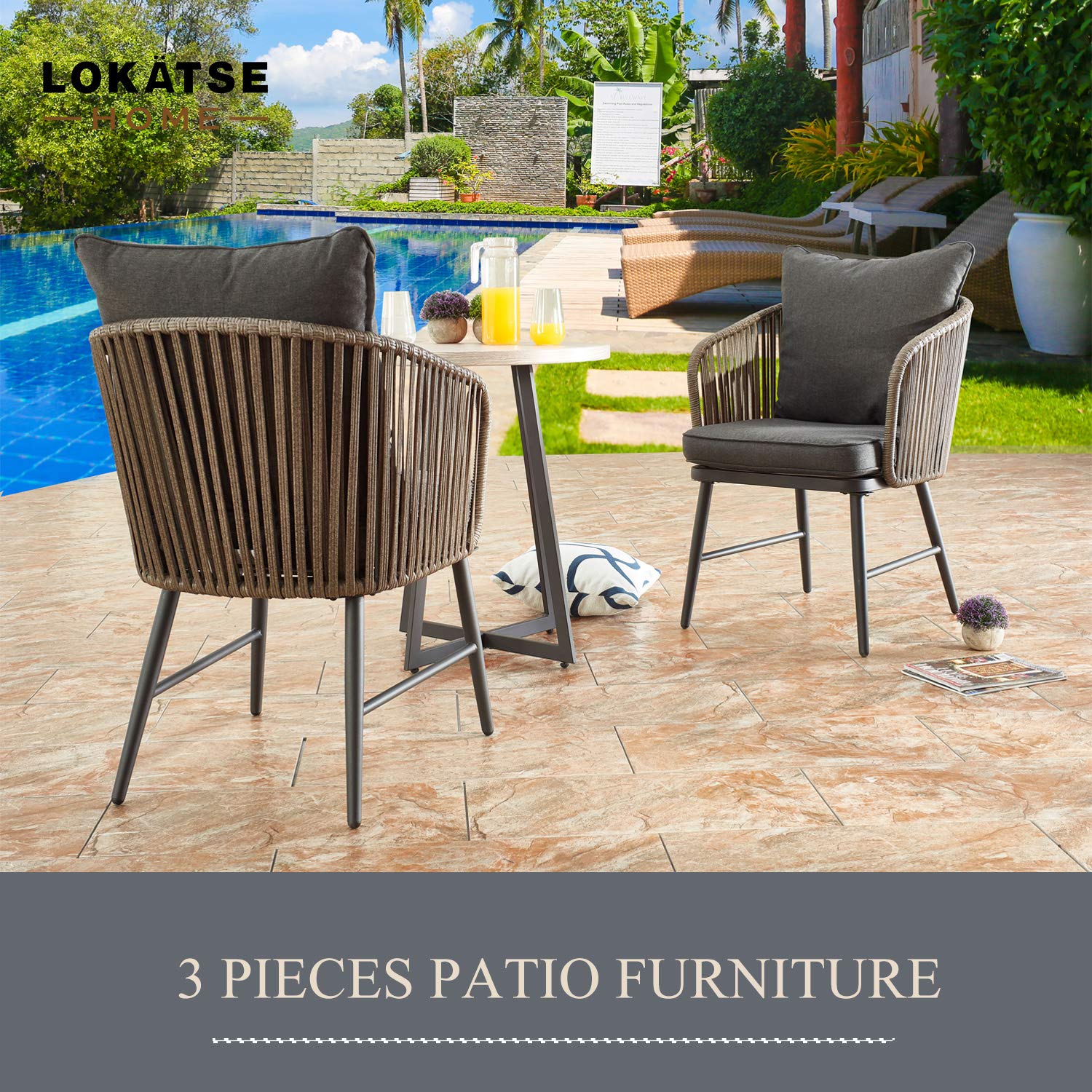 LOKATSE HOME 3-Piece Outdoor Bistro Set - Modern Wicker Patio Furniture with 2 Chairs (Includes Seat & Back Cushions) & 1 Coffee Table - Beige - Perfect for Balcony, Garden, Poolside or Small Outdoor Spaces