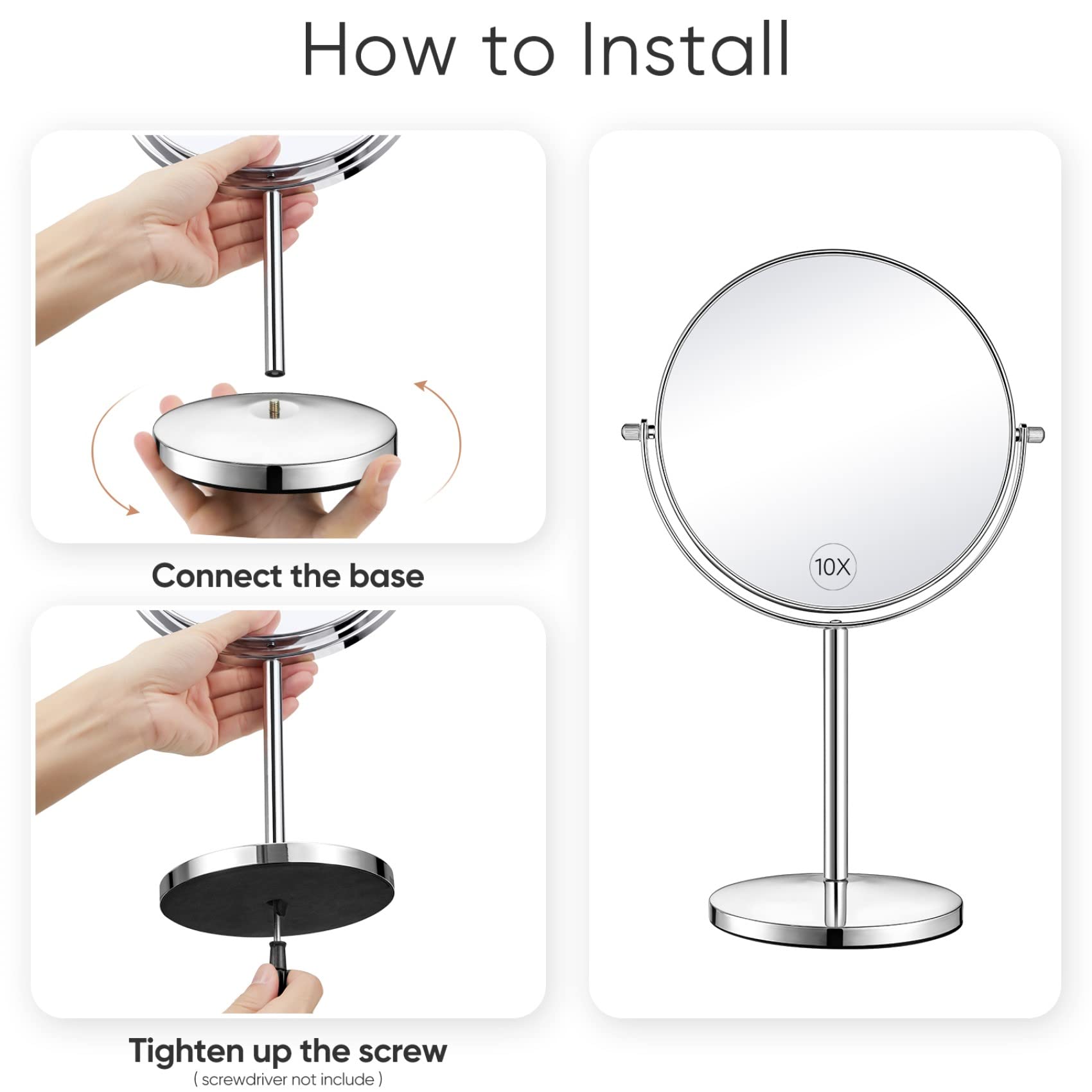 Orange Tech 8-Inch Large Double-Sided Magnifying Makeup Mirror with 360° Swivel - 1X/10X Vanity Mirror with Stand & Removable Base (15