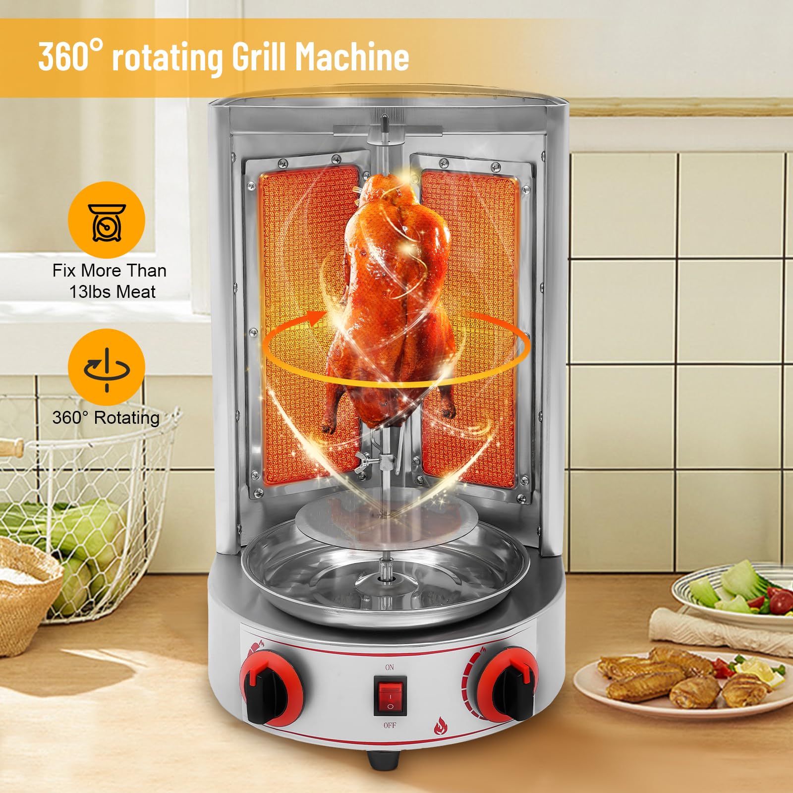 Commercial Electric Shawarma Grill Machine - 110V 3000W Vertical Gas Broiler, Stainless Steel Doner Kebab Gyro Rotisserie with 360° Rotation - Perfect for Restaurants, Food Trucks & Middle Eastern Cuisine