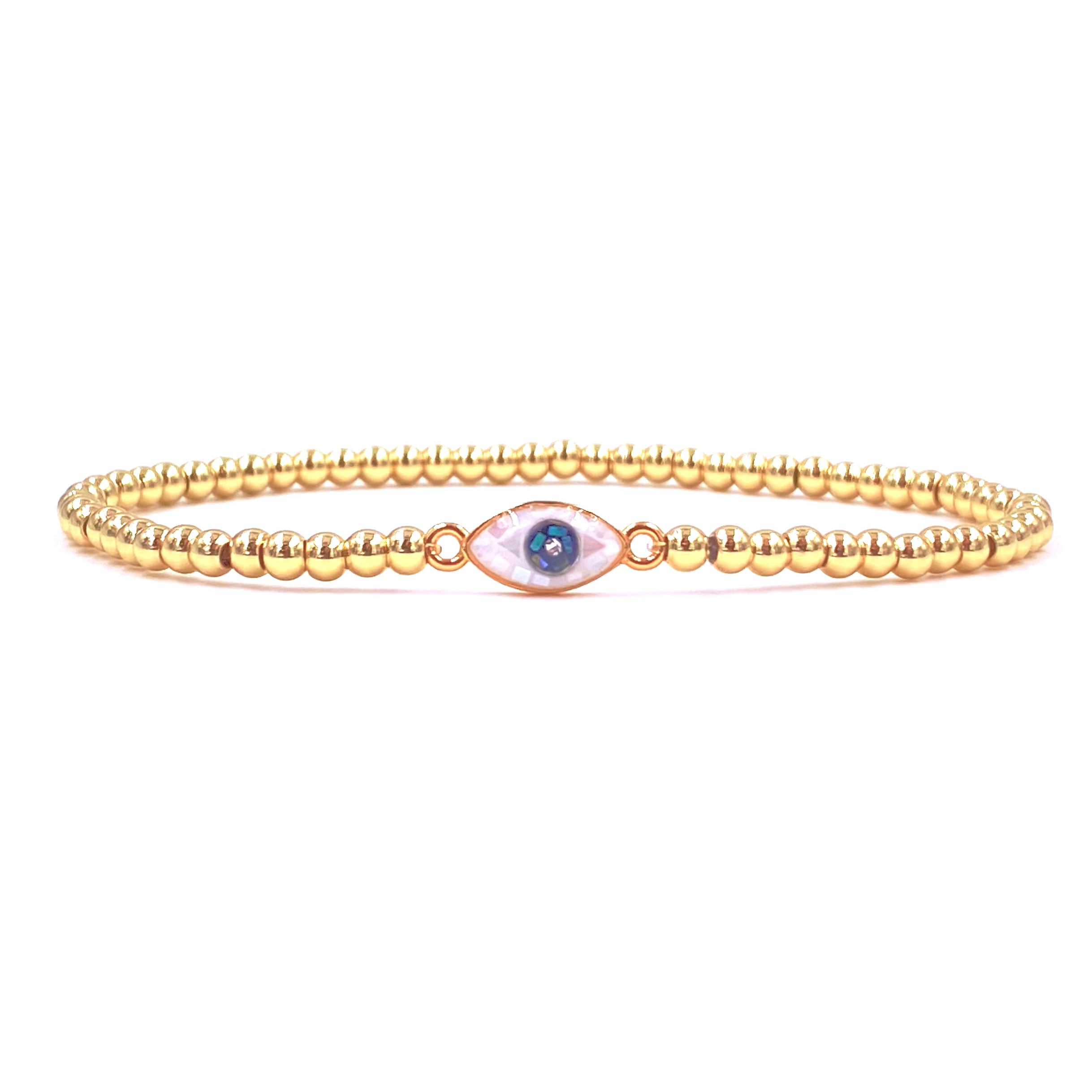 Ashley Gold Stainless Steel Evil Eye Bracelet - Gold Plated Fused Glass Stretch Bangle for Women - Perfect for Protection, Good Luck & Everyday Wear