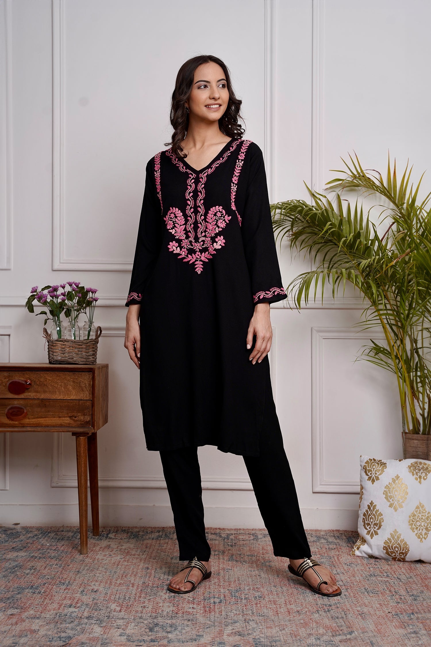Elegant Saba Chikankari Long Kurta - Rayon Cotton Blend Black Ethnic Dress for Women | Perfect for Festivals, Weddings & Special Occasions