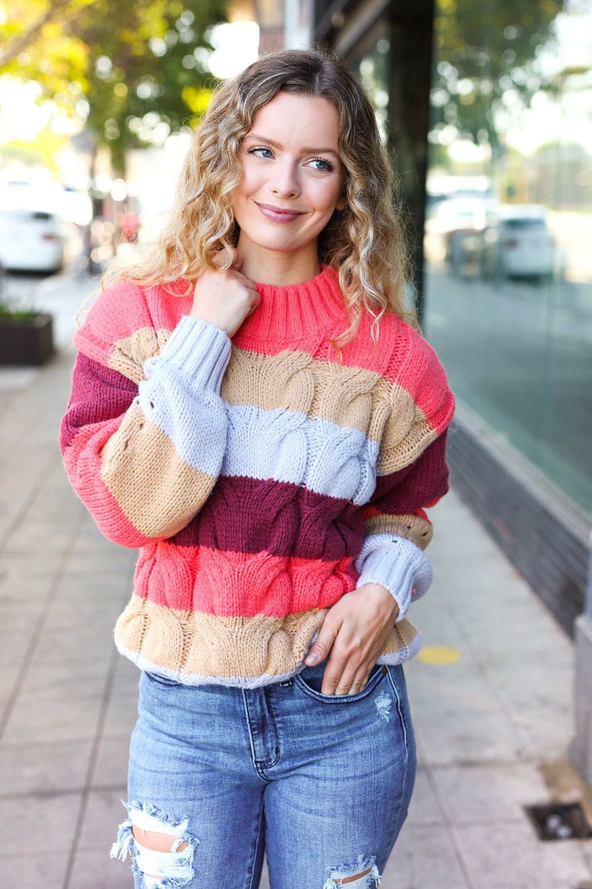 Rust & Multicolor Striped Cable Knit Mock Neck Sweater for Women | Cozy Fall & Winter Pullover | Perfect for Casual Outfits, Office Wear & Holiday Gatherings