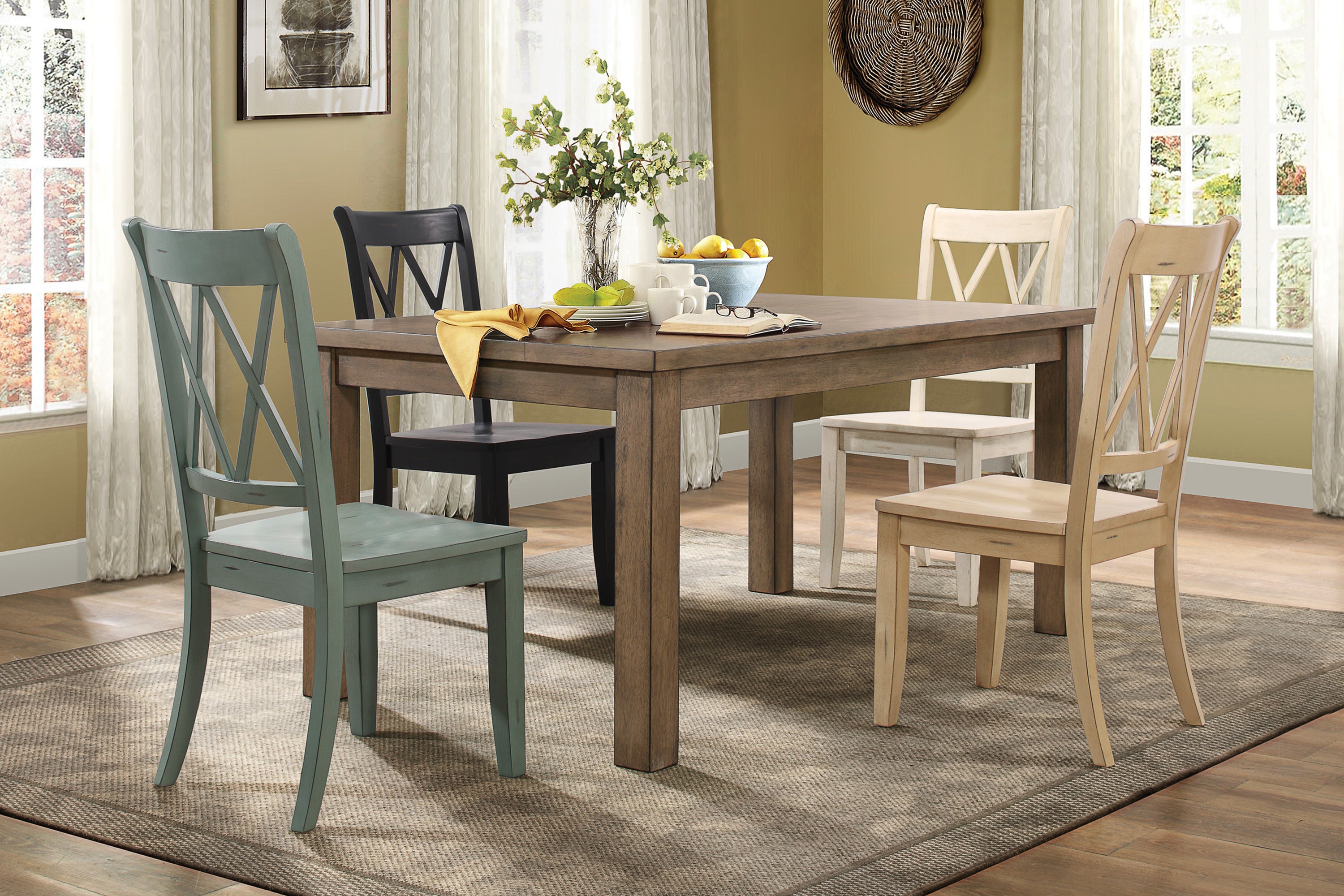 Set of 2 Buttermilk Finish Side Chairs - Pine Veneer Transitional Double X Back Design Dining Room Chairs for Kitchen, Breakfast Nook & Small Space Decor