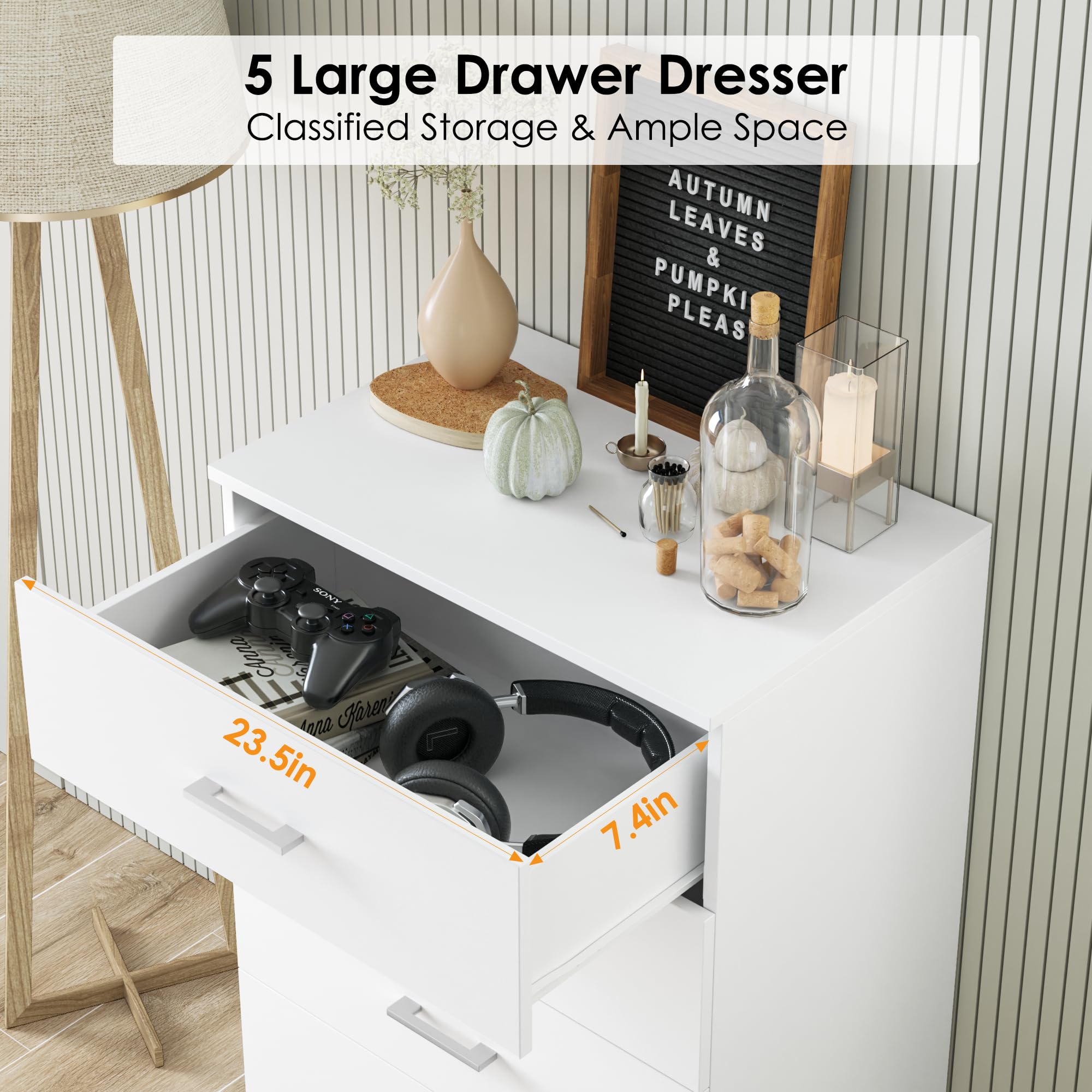 TTVIEW White Dresser with Metal Handles - 5-Drawer Tall Chest of Drawers for Bedroom, Living Room, Entryway & Kitchen Storage | Modern Furniture for Home Organization & Decor