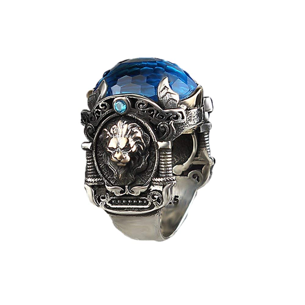 Large Lion Ring with CZ Aquamarine in Sterling Silver - Unique Handmade Jewelry for Birthday Gifts (RP1231) | Perfect for Women's Fashion, Statement Jewelry & Special Occasions