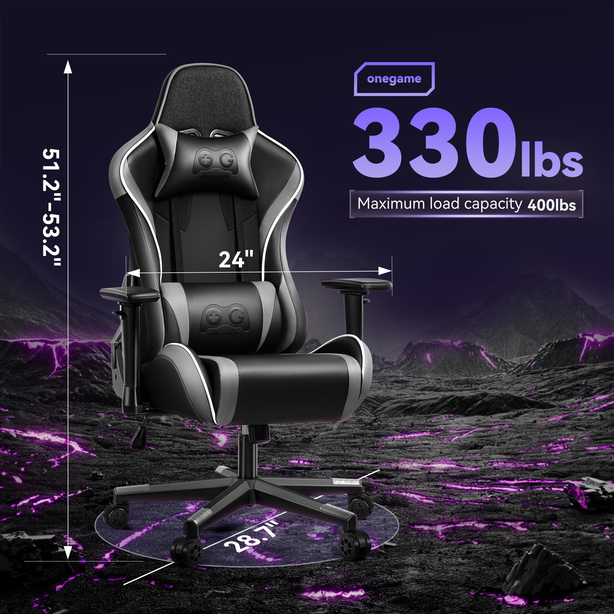 OneGame Ergonomic Gaming Chair with 3D Armrests & Lumbar Support - Adjustable High Back Office Desk Chair for PC Gamers (Black/Gray) - Perfect for Esports, Streaming & Home Office Workspaces