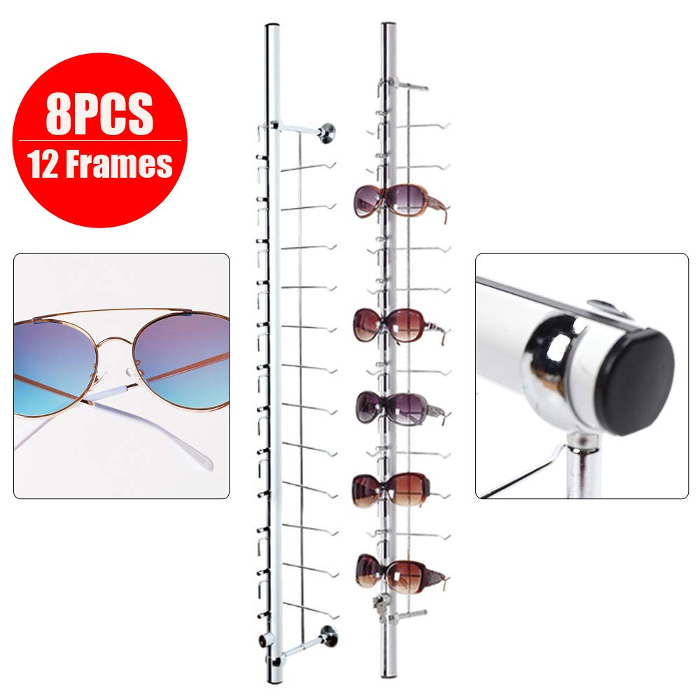8 Pack Lockable Aluminum Sunglasses Display Stand - Holds 12 Pairs of Eyeglasses per Rod | Durable Eyewear Organizer for Retail Stores, Optical Shops & Boutique Displays