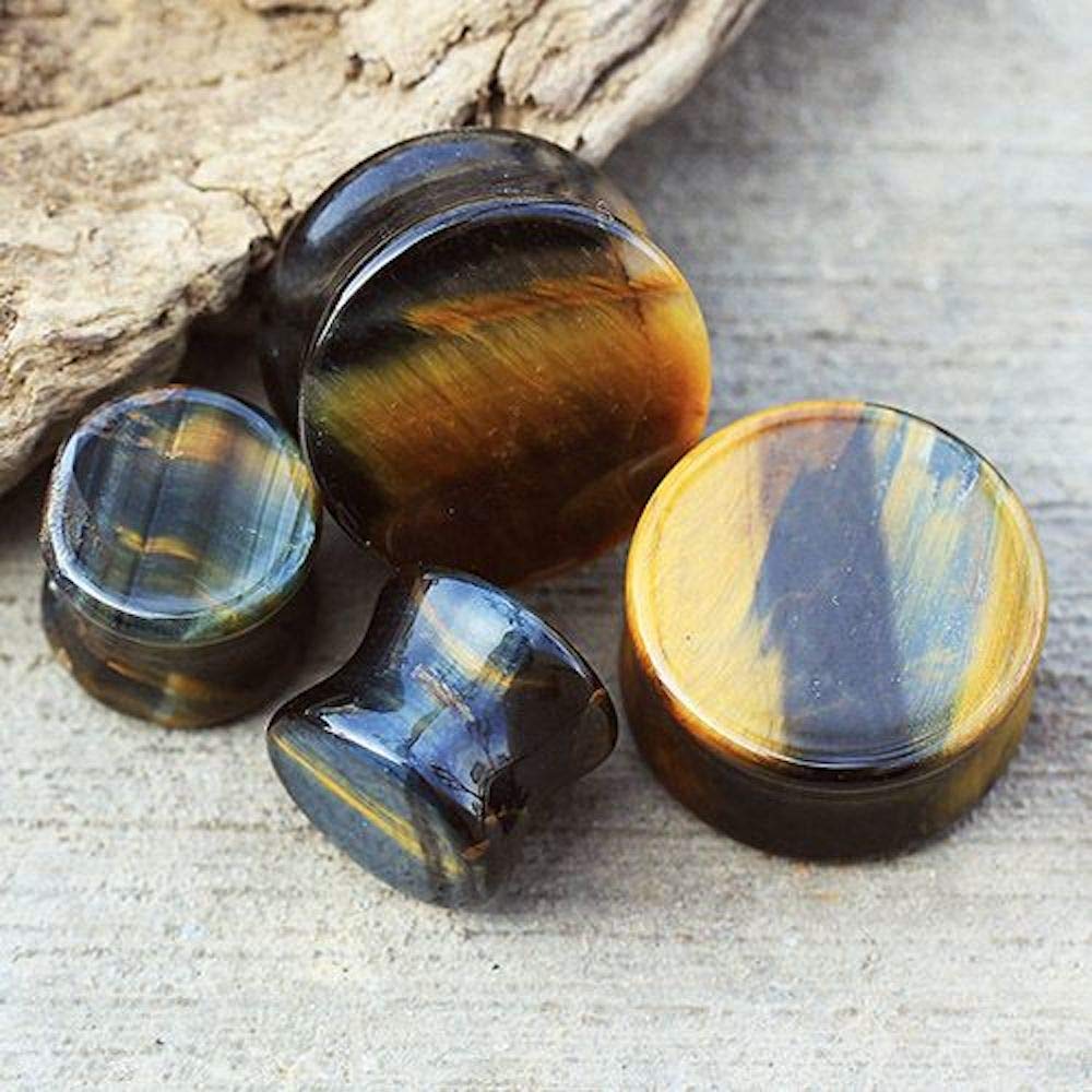 Natural Blue Tiger Eye Stone Saddle Plug - Stylish Ear Gauges for Men & Women