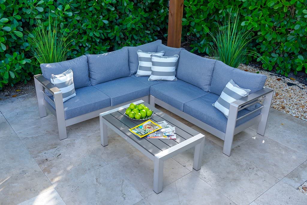 Belvedere 4-Piece Brushed Aluminum Outdoor Patio Furniture Set - 3-Piece Sectional Sofa with Coffee Table | Weather-Resistant Garden, Poolside & Backyard Lounge Set