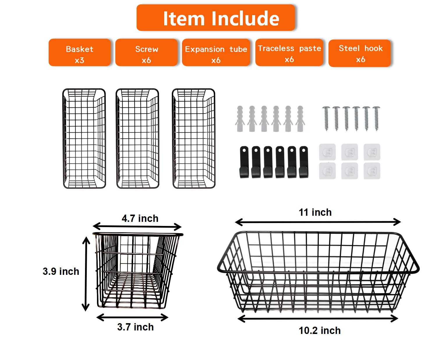 Joben Oligey 6-Piece Hanging Wire Basket Set (2 Sizes) - Wall Mount No Drill Adhesive Metal Storage Bins for Kitchen, Pantry, Laundry, Bathroom, Closet & Garage - Rustic Farmhouse Black Mesh Organizer - Perfect for Fruits, Vegetables, Spices & Household Items