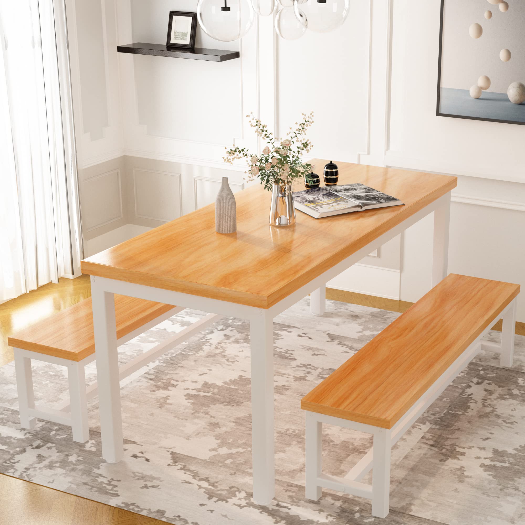 Hooseng 4-Person Dining Table Set with 2 Benches - 47 Inch Space-Saving Kitchen Table & Chairs for Small Families - Heavy Duty Sturdy Metal Frame in Beige - Perfect for Breakfast Nooks, Small Kitchens, and Cozy Dining Areas