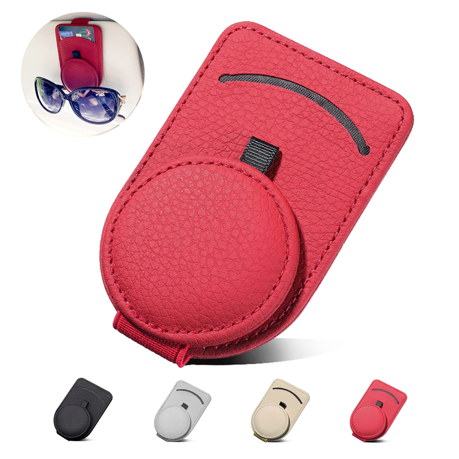 CIKOUCIN Magnetic Sunglass Holder for Car Visor - Premium Leather Car Accessory with Card Storage (1Pcs, Red) | Secure & Convenient Eyewear Organizer for Driving, Travel & Outdoor Activities