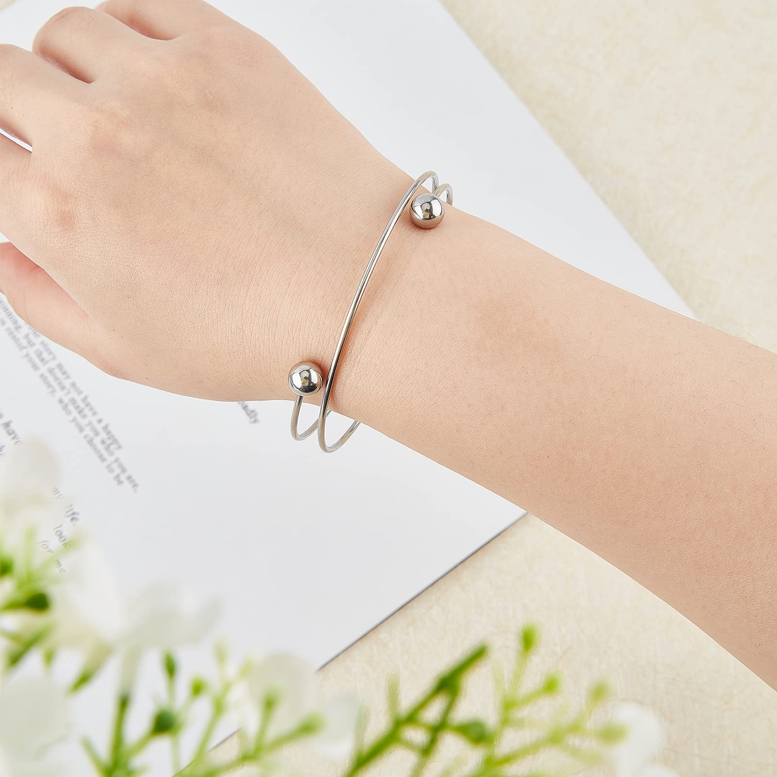 10pcs Adjustable Stainless Steel Blank Cuff Bracelets with Removable Ball Beads - 2.5
