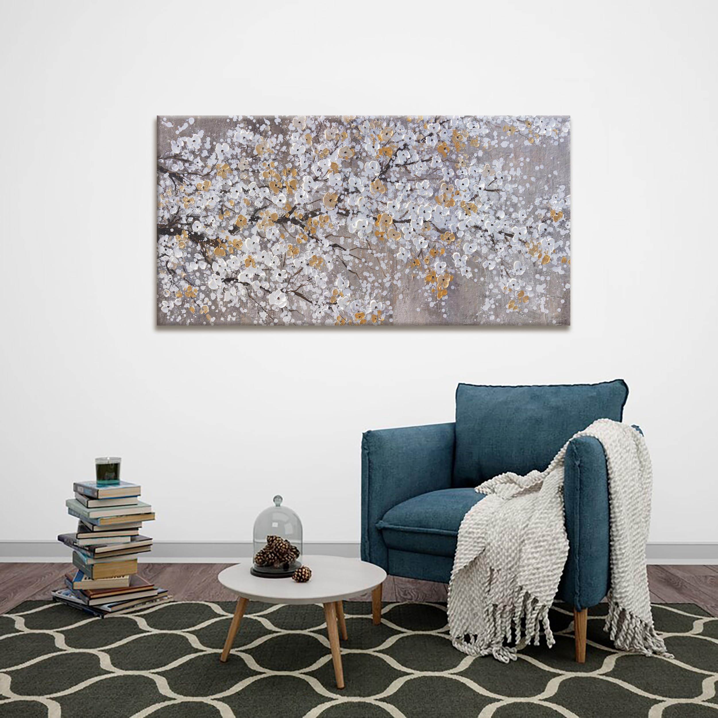 Modern Abstract Tree Plants Canvas Wall Art - Gold & White Painting for Bedroom, Living Room, Home, Kitchen & Office Decor - 20x40 Inch Framed Wall Decor - Perfect for Housewarming Gifts & Interior Design