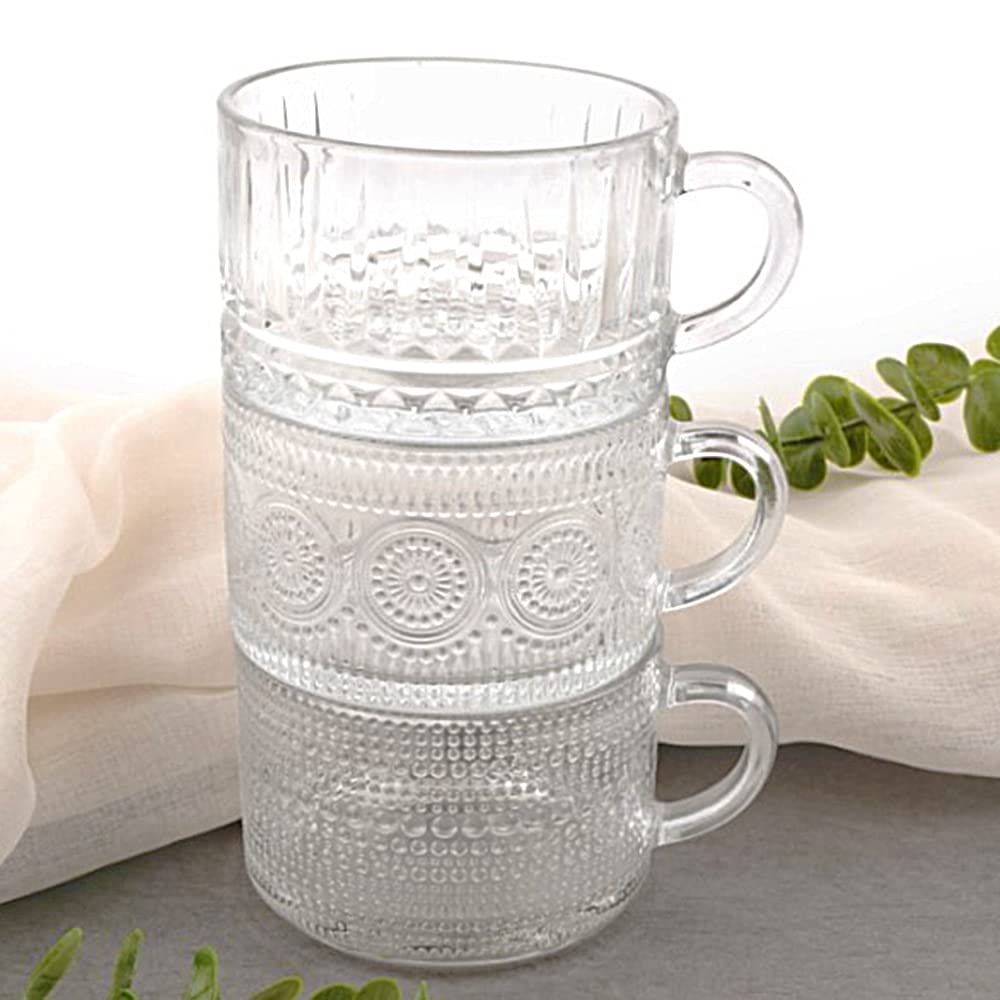 Personalized 14oz Stackable Coffee Mugs with Handle - Clear Vintage Embossed Tea Cups for Latte, Espresso & Hot Beverages - Perfect Gift for Coffee Lovers, Housewarming & Office Use (Diamond Pattern)