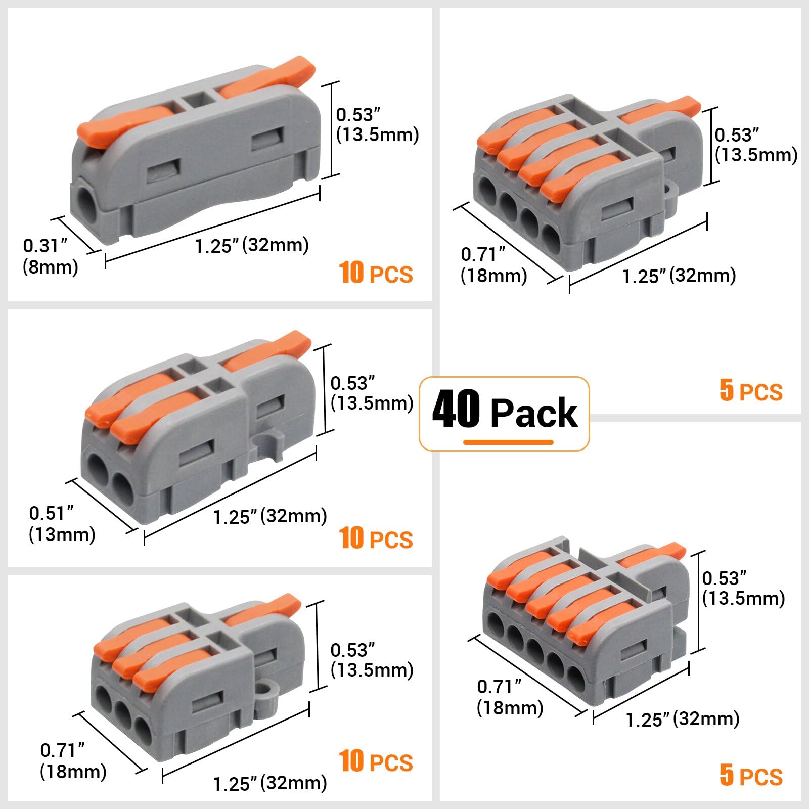 40PCS Lever Wire Connectors - 1 in 1 Out & 1 in 5 Out Compact Wire Splitters for 28-12 AWG Circuits | Electrical Splicing Connectors for Home Wiring, Automotive & DIY Projects
