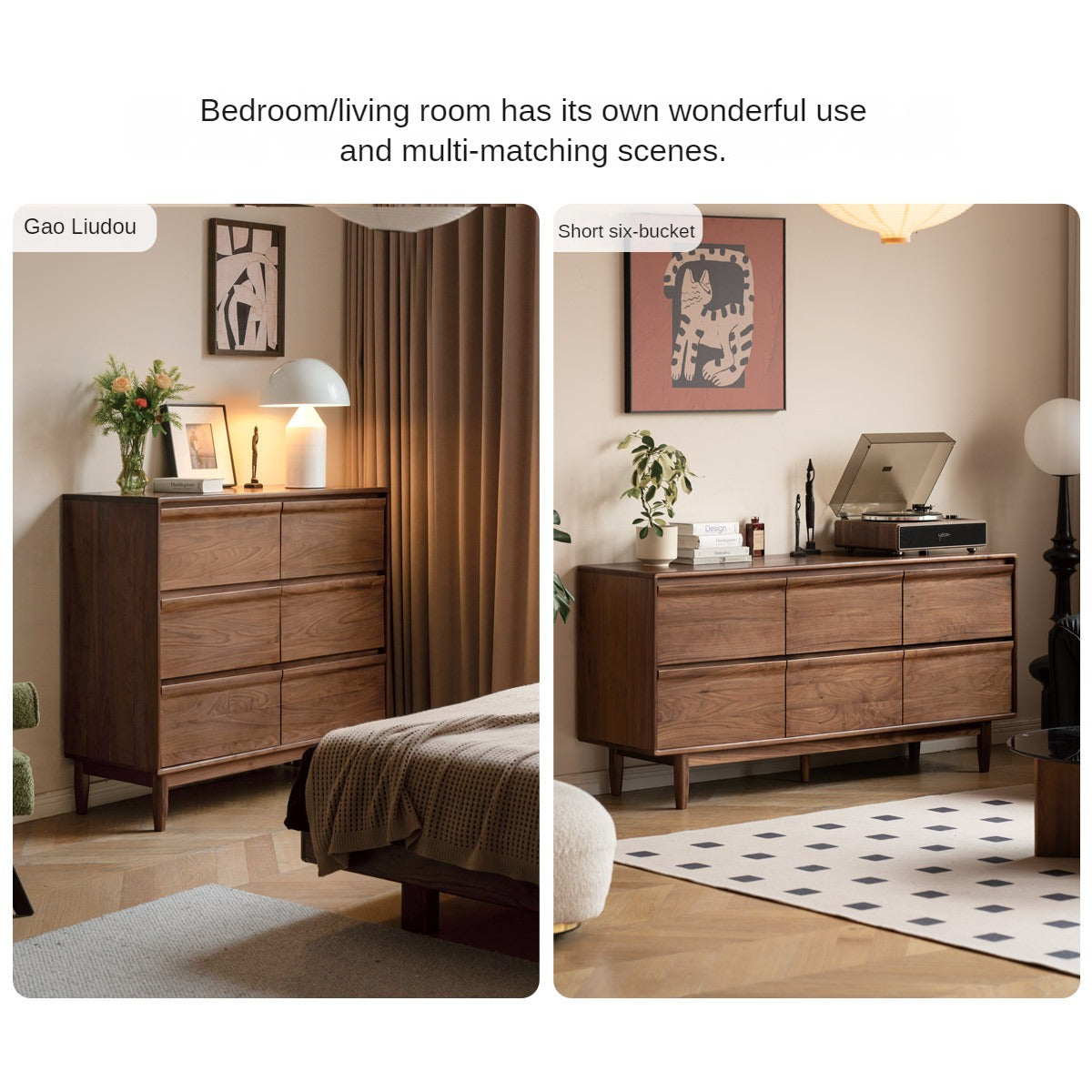 Solid Black Walnut Wood Dresser - 6-Drawer Bedroom Storage Furniture for Master Bedroom, Guest Room & Nursery Organization