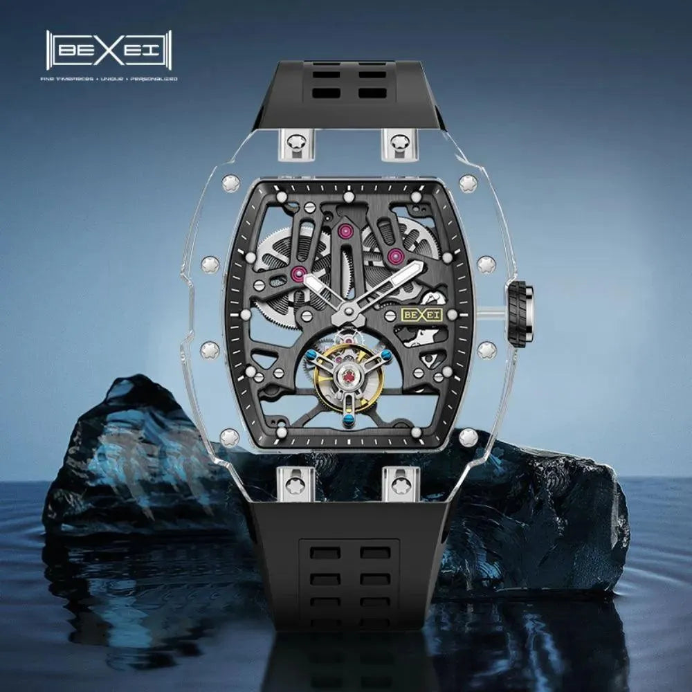 BEXEI 9127 Luxury Men's Transparent Skeleton Tourbillon Watch - K9 Crystal Glass, 72H Power Reserve, Waterproof Mechanical Wristwatch for Business, Formal Events & Gift Giving