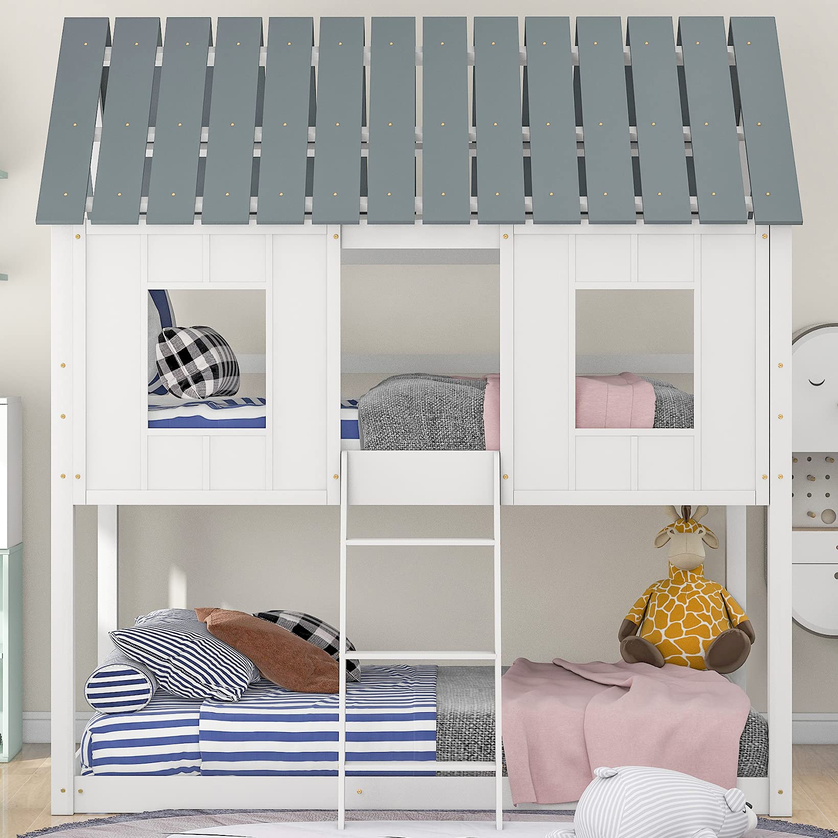 **Low Twin Over Twin Wooden Bunk Beds with Roof & Guard Rail for Kids - No Box Spring Needed (White with Grey Roof) - Perfect for Small Bedrooms, Kids' Rooms & Space-Saving Sleep Solutions**