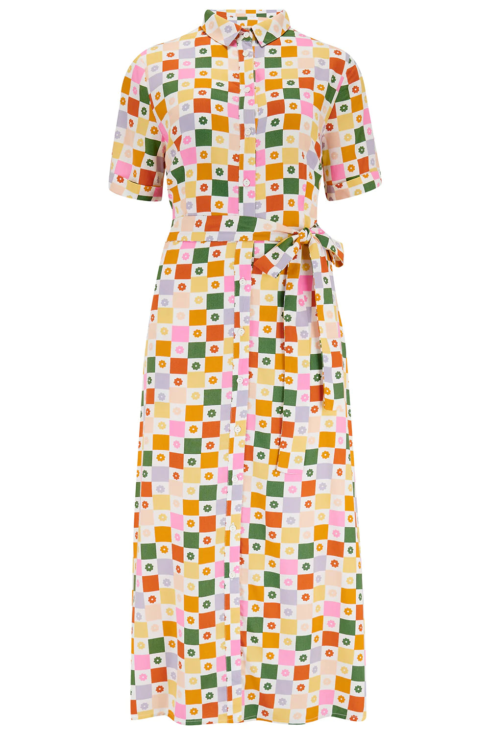 Lauretta Midi Shirt Dress for Women - Floral Checkerboard Print Casual Summer Dress - Perfect for Office, Date Night & Outdoor Events