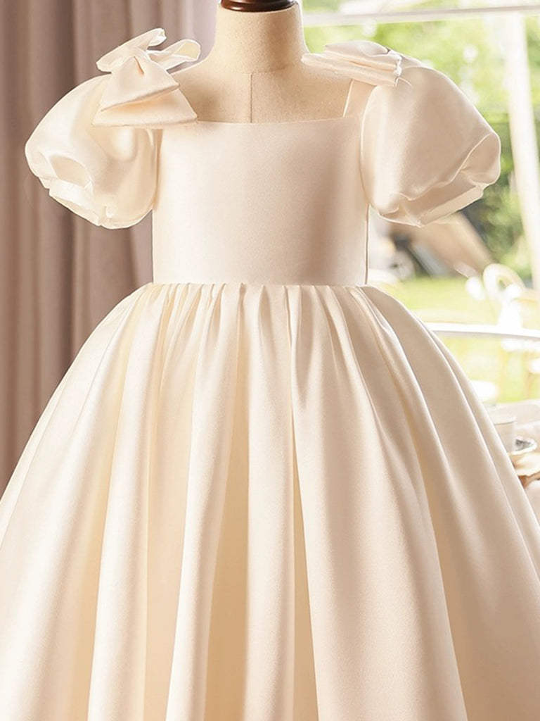Elegant A-Line Puff Sleeves Satin Flower Girl Dress in Beige - Perfect for Weddings, Baptisms & Special Occasions