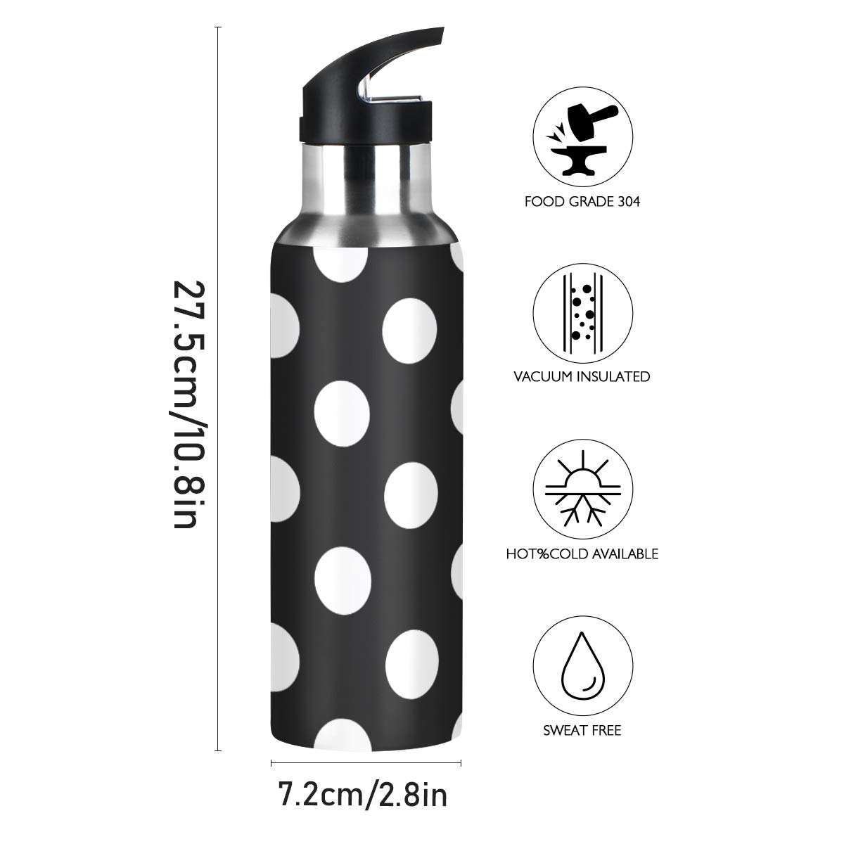 Polka Dot Stainless Steel Water Bottle 20 oz - Double Wall Vacuum Insulated, Leakproof with Straw Lid - Perfect for Gym, Hiking & Outdoor Activities